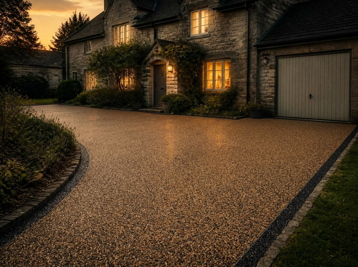 The same cottage with a fresh warm-toned resin-bound driveway laid to a seamless finish