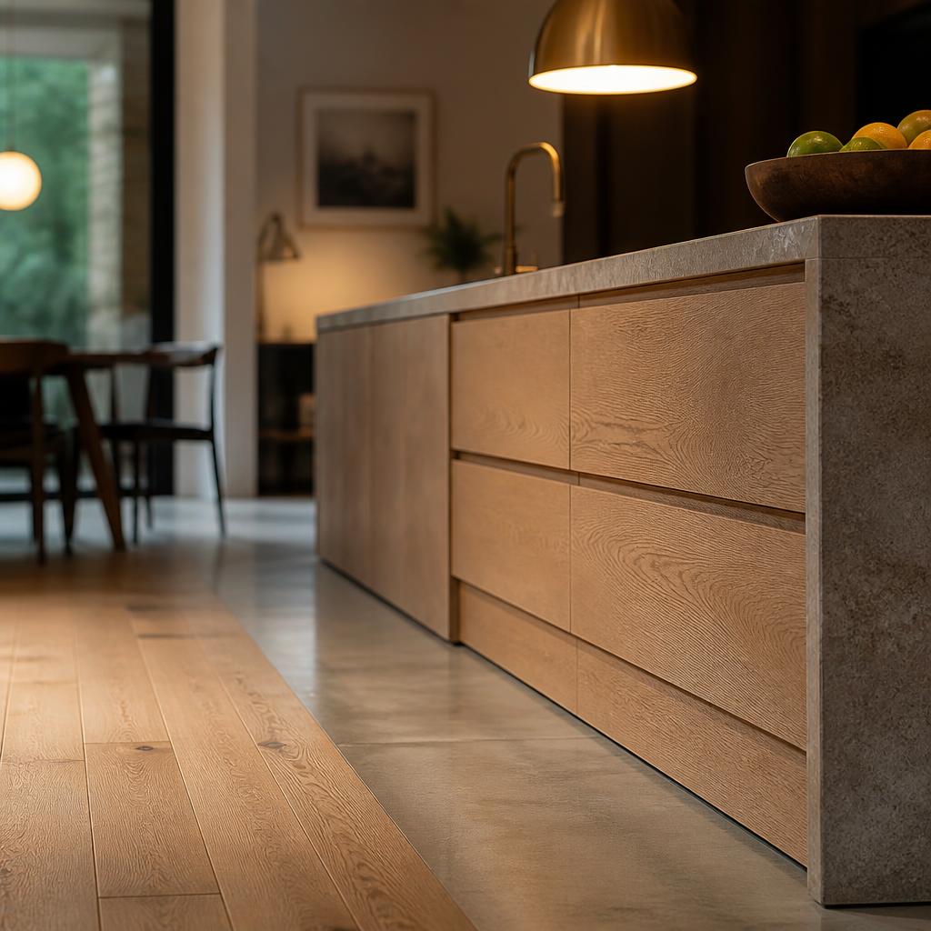 Detail of the kitchen island and engineered oak flooring