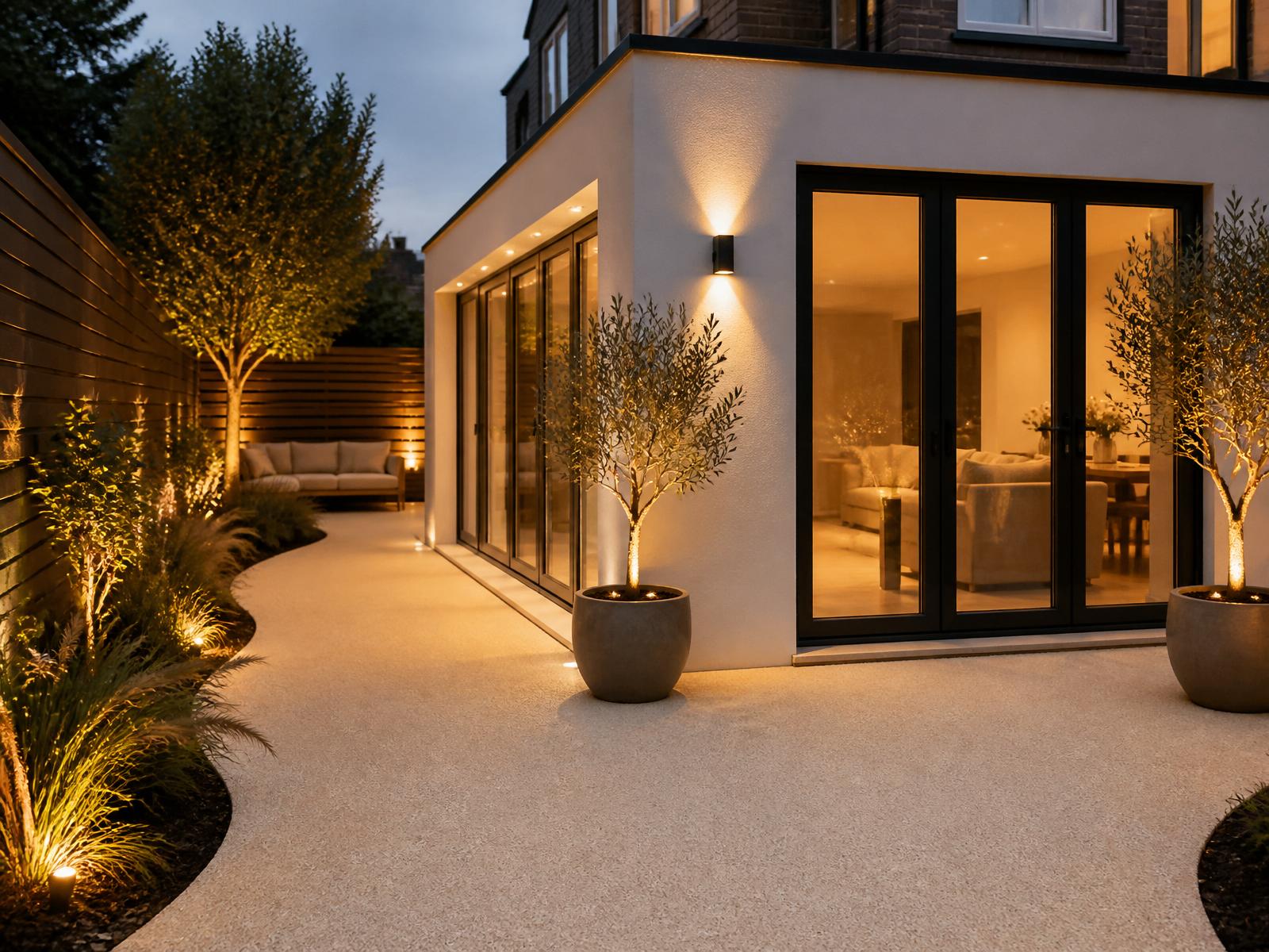 Contemporary rear garden patio finished in pale resin-bound gravel