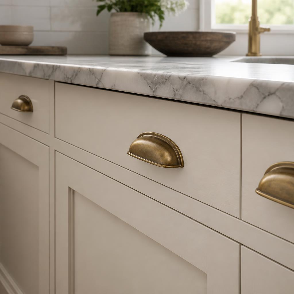 Detail of brass cup handles on painted shaker cabinetry