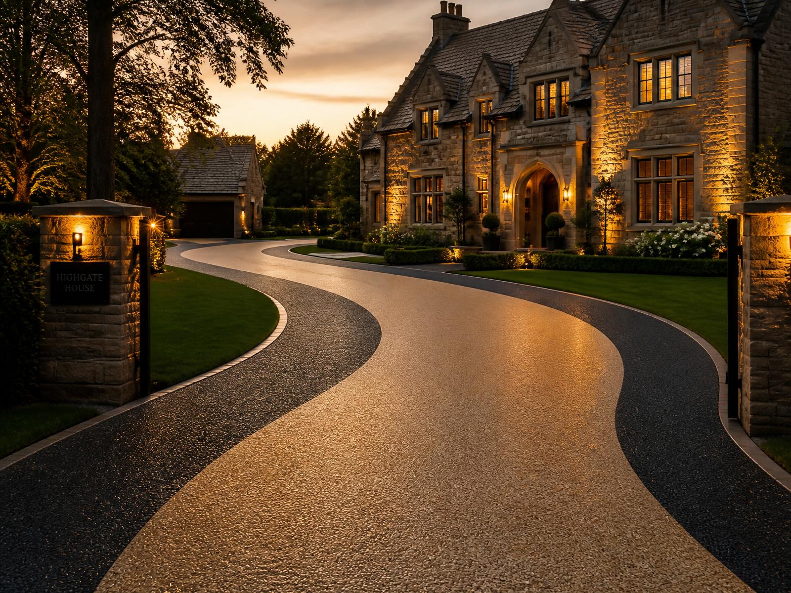 Sweeping resin-bound driveway leading to a UK country house at dusk
