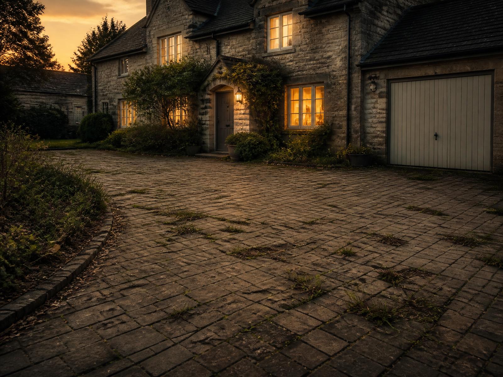 Cracked and weed-ridden block-paved driveway at a UK stone cottage before resin installation
