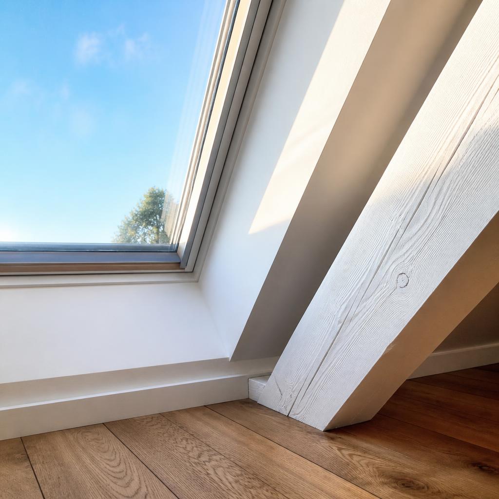 Close-up of skylight, painted rafter and oak flooring
