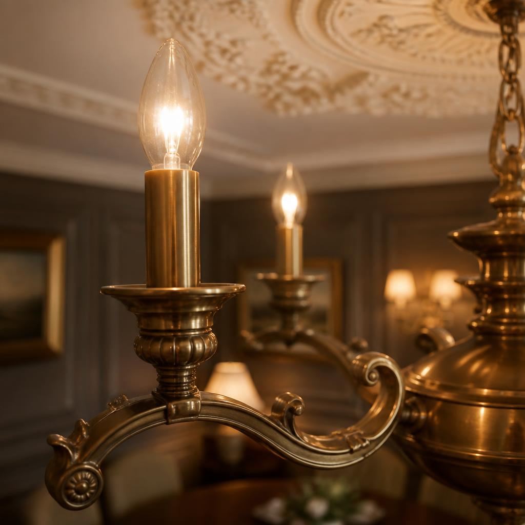 Close-up of the brass chandelier arm and ceiling rose