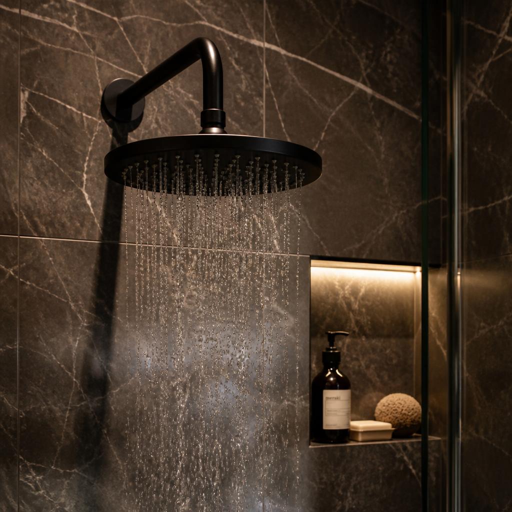 Close-up of matte black rainfall shower head